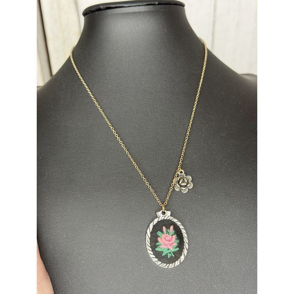 Vintage Embroidered Flower Necklace Needlepoint Grandma Core Charm